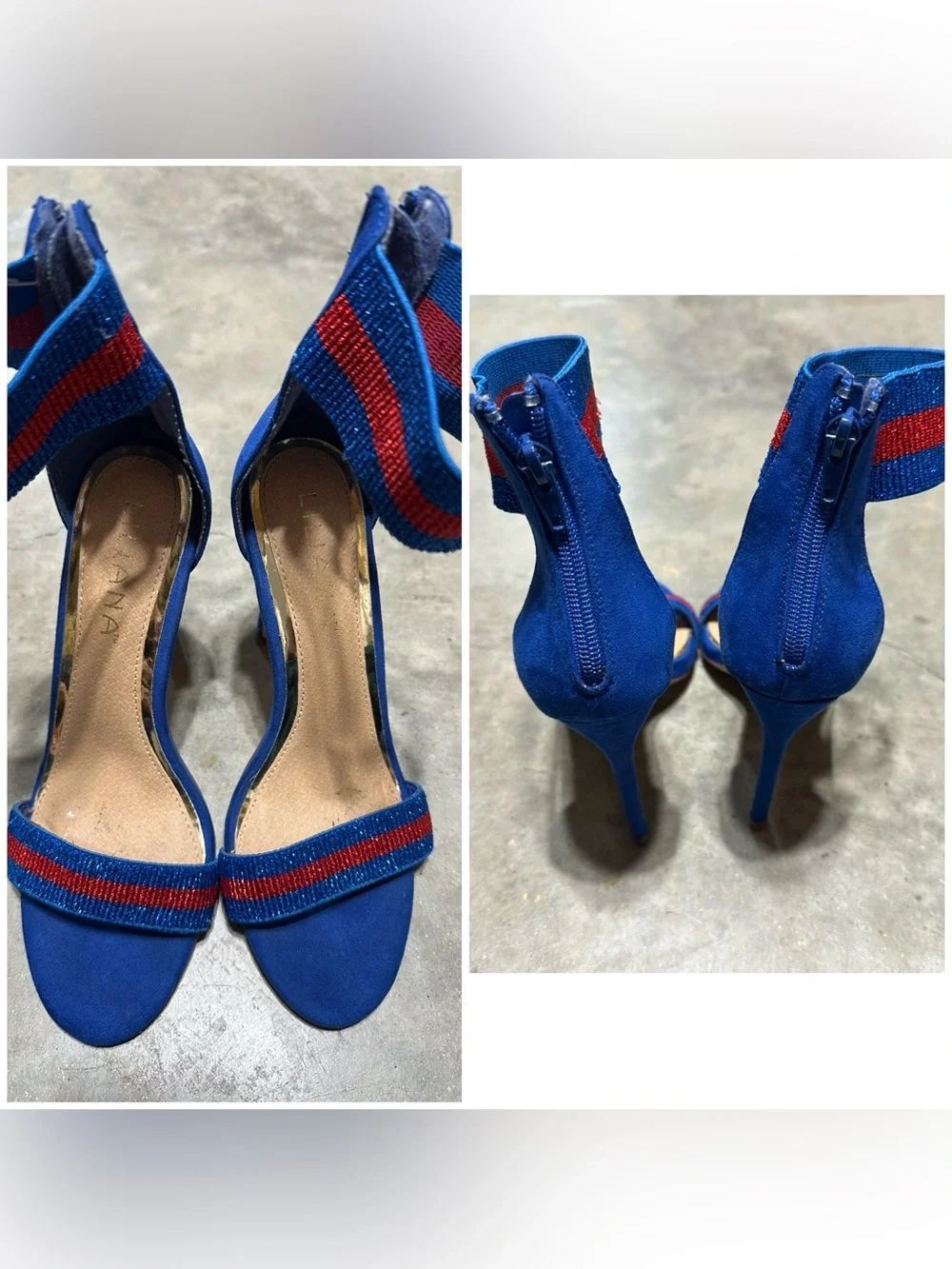 Liliana Blue Suede Stiletto Sandals with Red Striped Accents-7